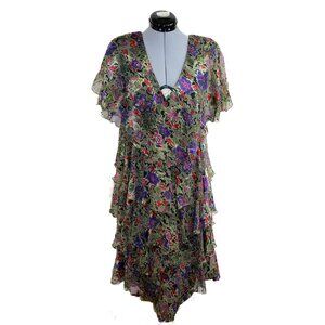 Vintage Ann Hobbs Cattiva 12 Gold Midi Dress Tiered Floral Metallic Chiffon